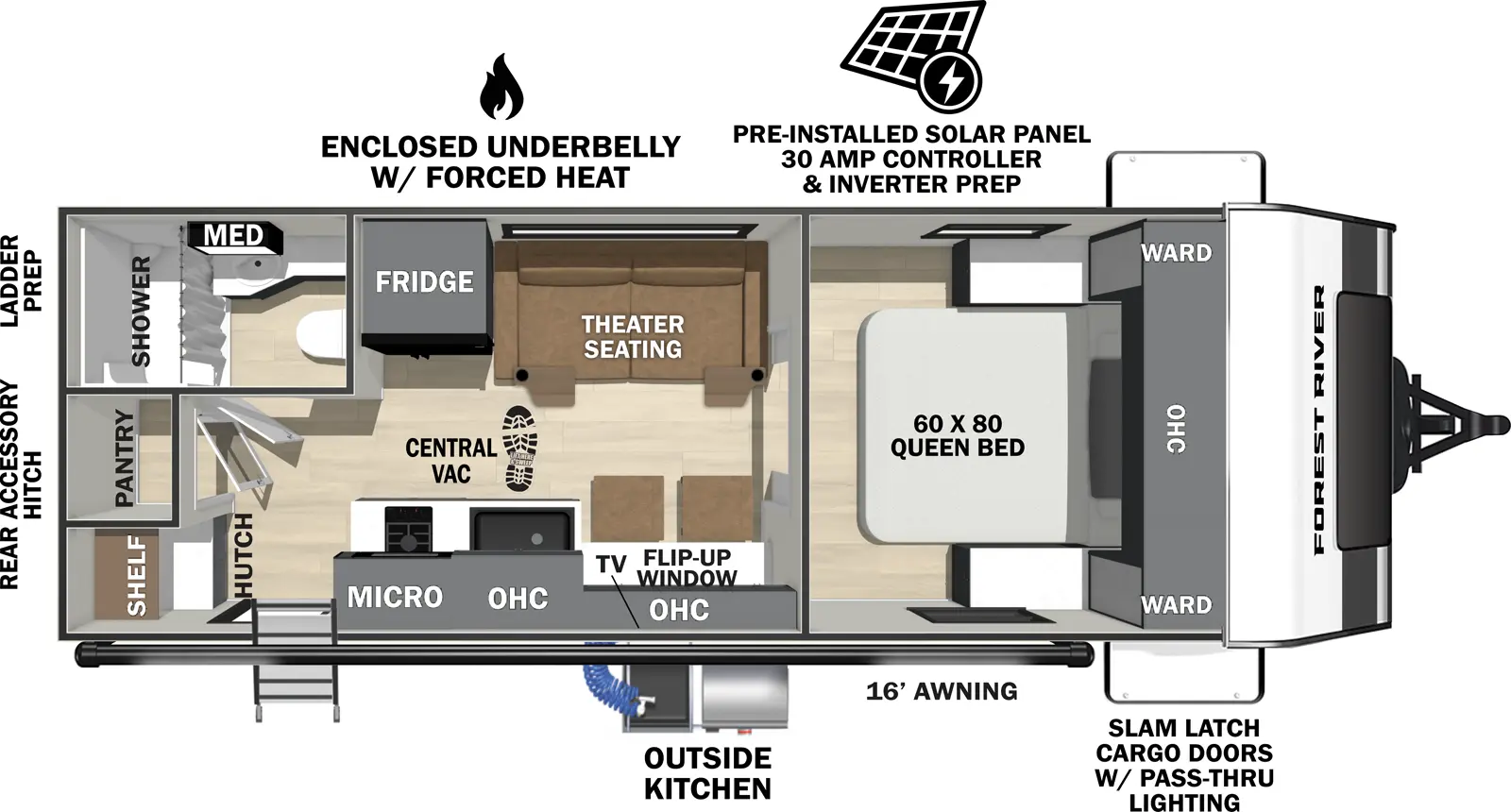 The Ibex 20MKB floorplan has one entry and zero slide outs. Exterior features include: fiberglass exterior, 16' awning and outside kitchen. Interiors features include: front bedroom.